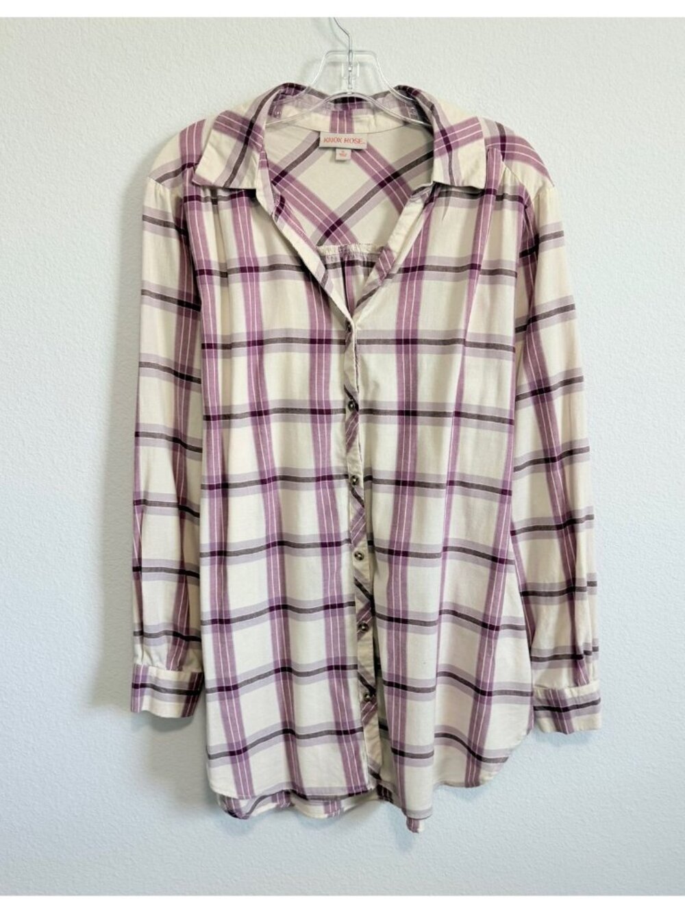 Knox Rose Long Sleeve Collared Button Up Cream/Purple Plaid Shirt Size XL